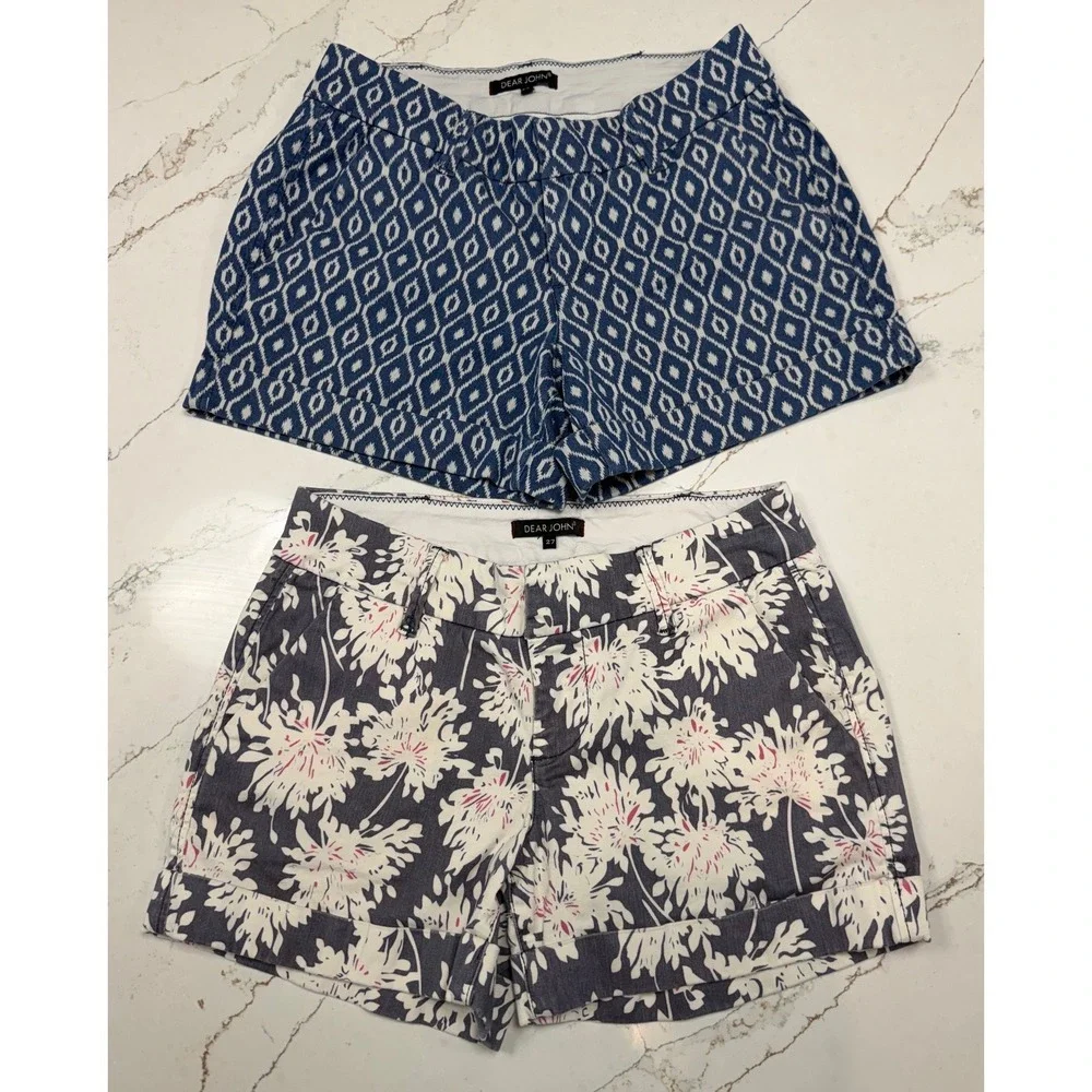 Dear John Womens Shorts Bundle Size 27 Blue Geometric‎ Grey Floral Cuffed 2 Pack